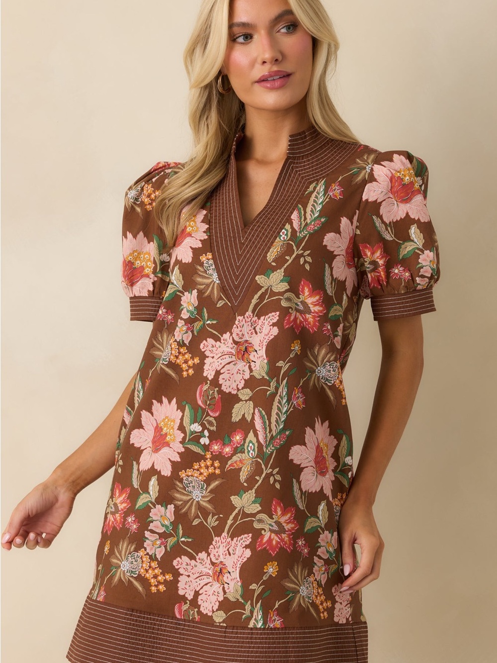Entro Large Floral Shift Dress Brown Boho Pink Mumu V-Neck Puff Sleeves